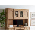 Wood Hutch with Arched Glass Doors, Office Storage Cabinet, Light Brown