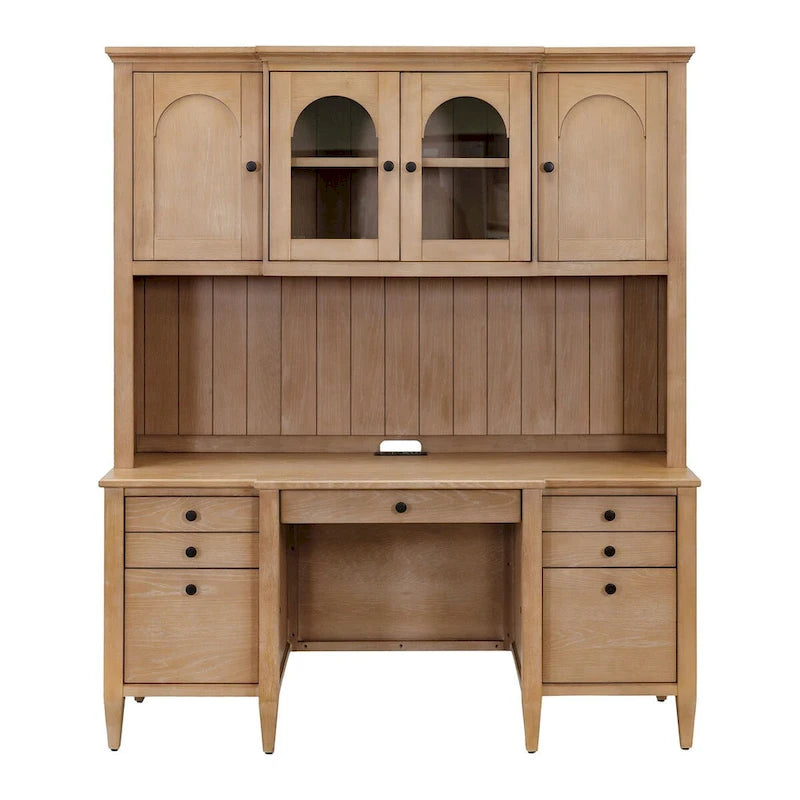 Wood Hutch with Arched Glass Doors, Office Storage Cabinet, Light Brown