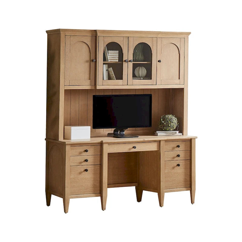 Wood Hutch with Arched Glass Doors, Office Storage Cabinet, Light Brown