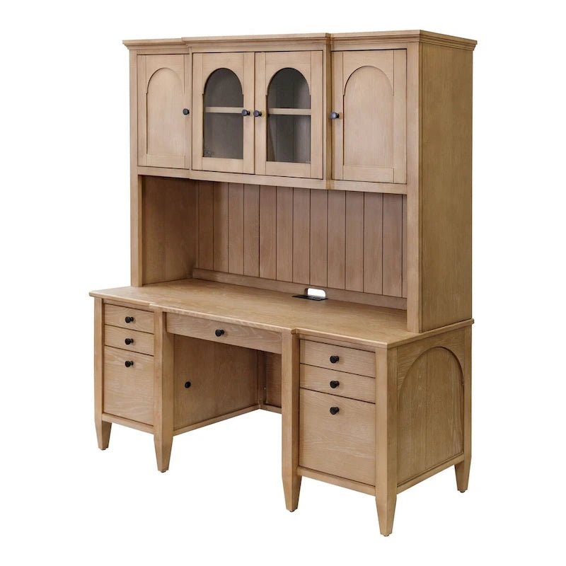 Wood Hutch with Arched Glass Doors, Office Storage Cabinet, Light Brown