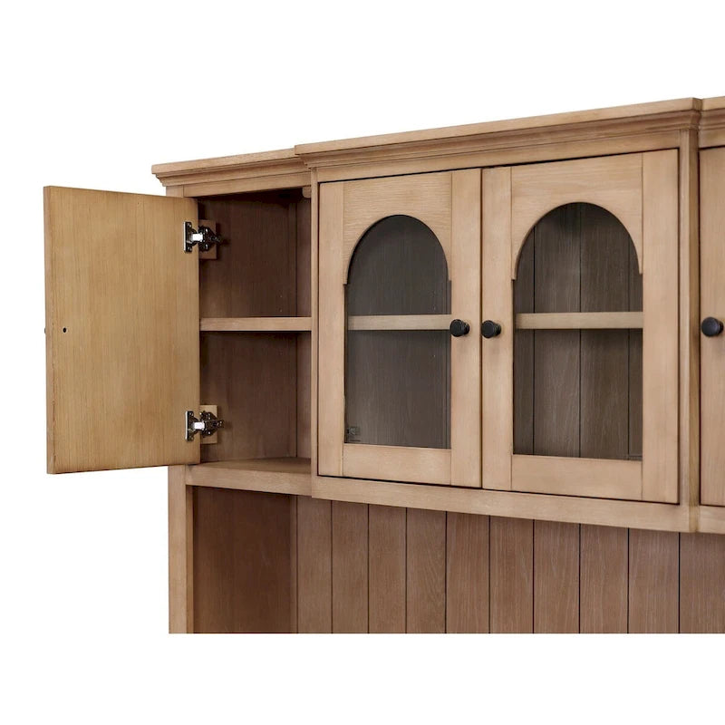 Wood Hutch with Arched Glass Doors, Office Storage Cabinet, Light Brown