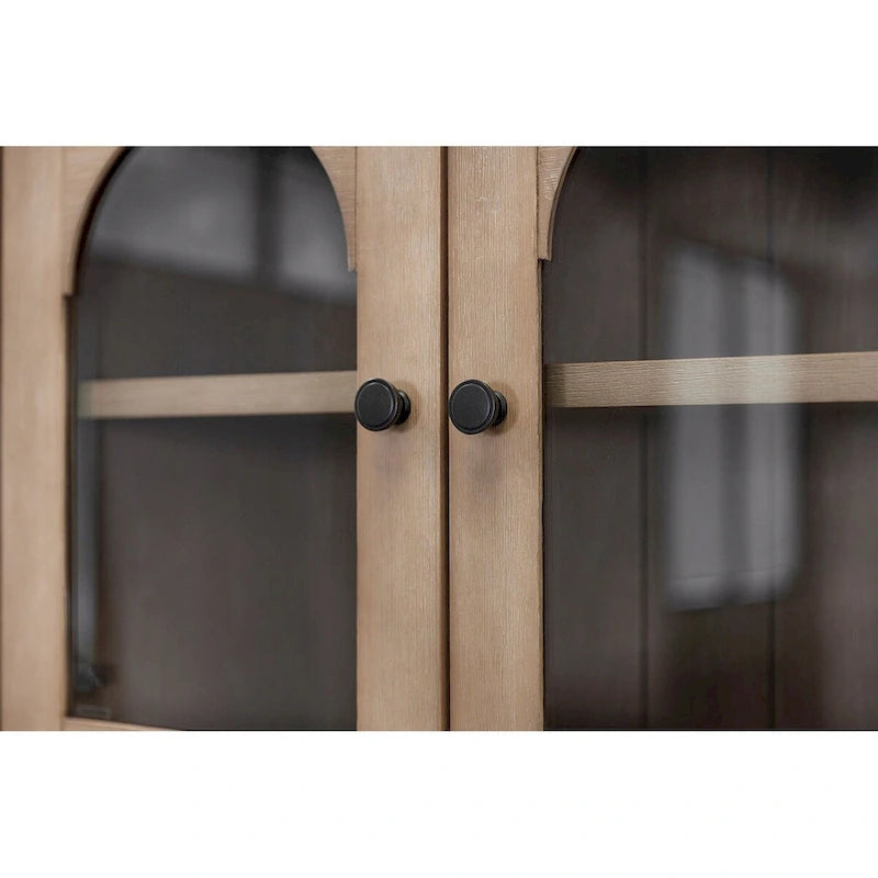 Wood Hutch with Arched Glass Doors, Office Storage Cabinet, Light Brown