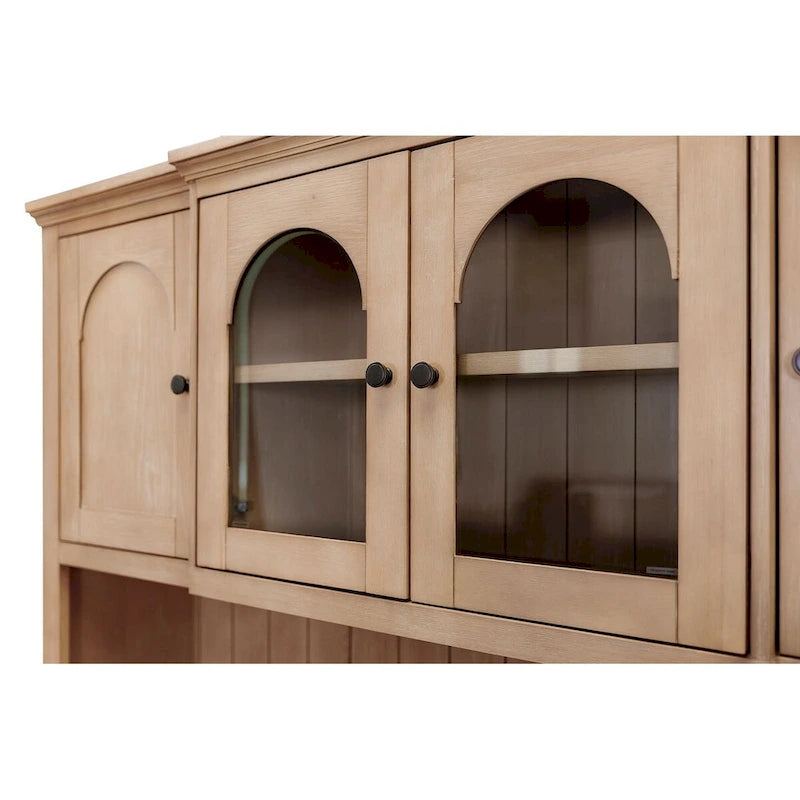 Wood Hutch with Arched Glass Doors, Office Storage Cabinet, Light Brown