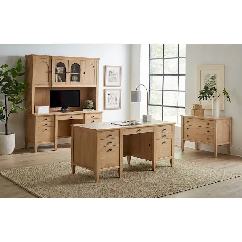 Wood Hutch with Arched Glass Doors, Office Storage Cabinet, Light Brown