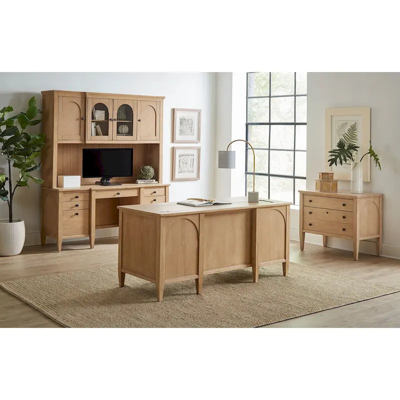 Wood Hutch with Arched Glass Doors, Office Storage Cabinet, Light Brown