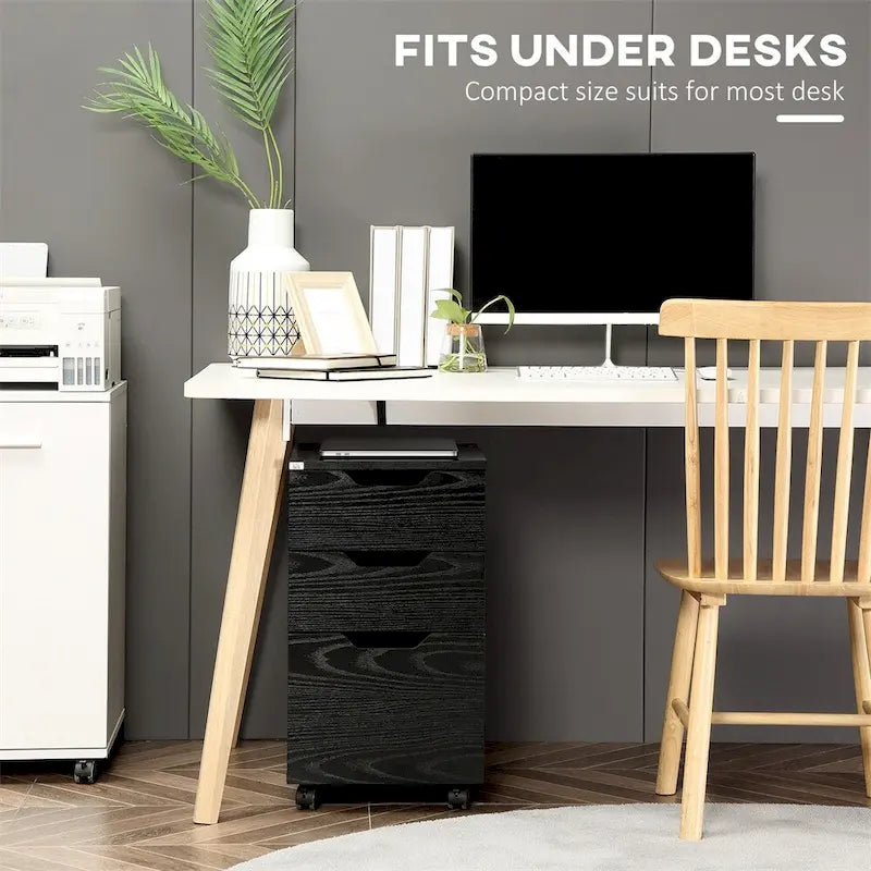 Black 3-Drawer Rolling Under-Desk Storage Cabinet with Locking Casters