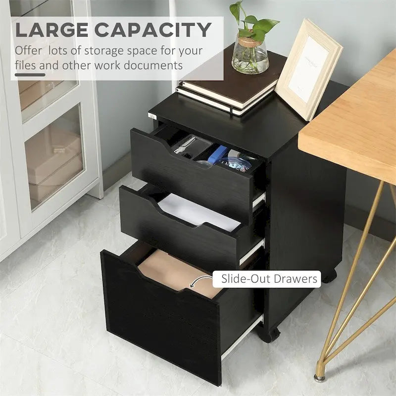 Black 3-Drawer Rolling Under-Desk Storage Cabinet with Locking Casters