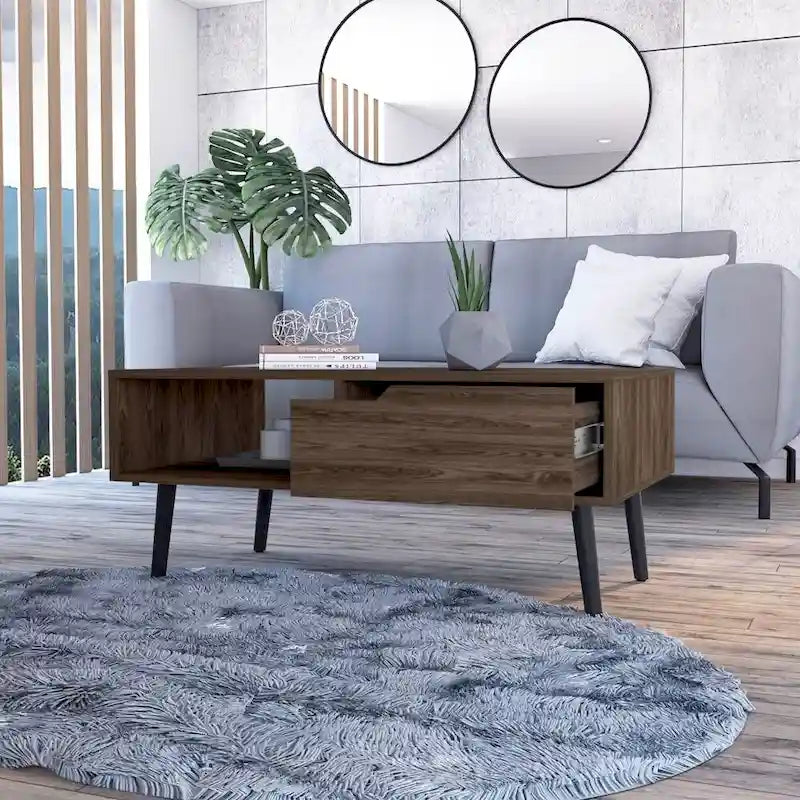 Mid-Century Modern Dark Walnut Coffee Table with Drawer and Open Shelf