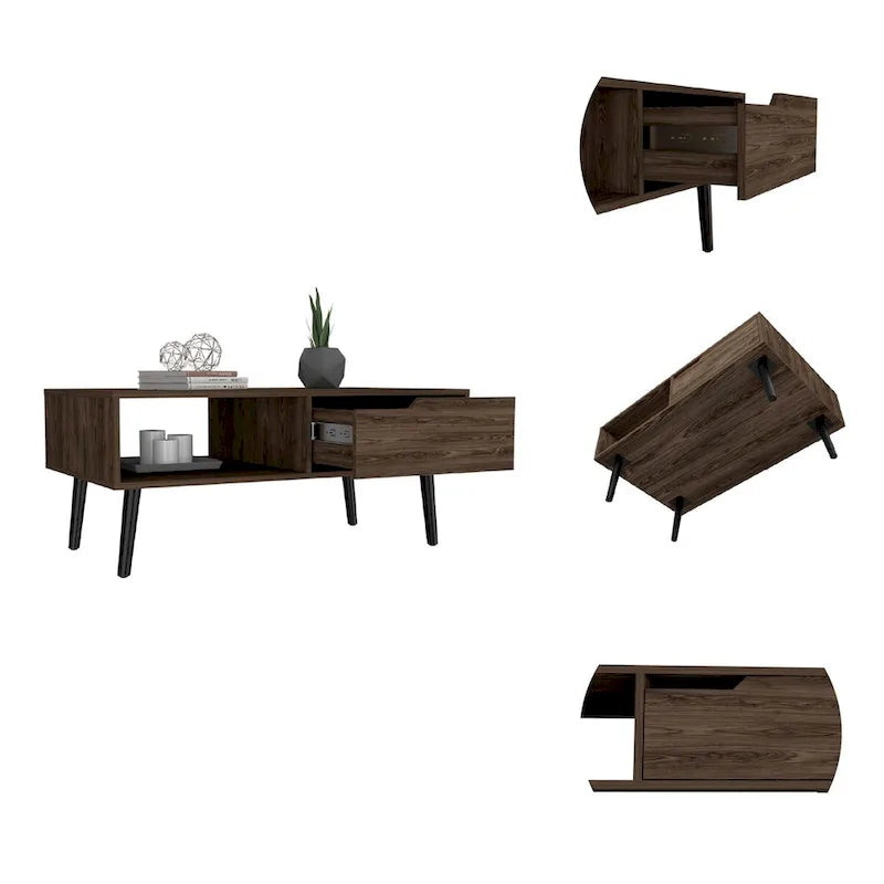 Mid-Century Modern Dark Walnut Coffee Table with Drawer and Open Shelf
