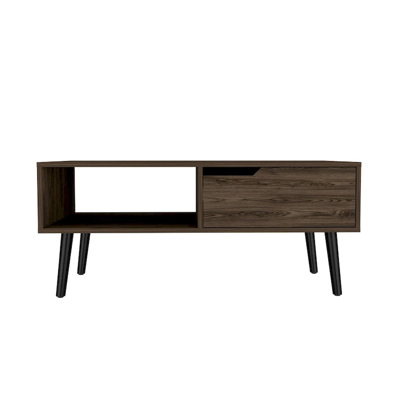 Mid-Century Modern Dark Walnut Coffee Table with Drawer and Open Shelf
