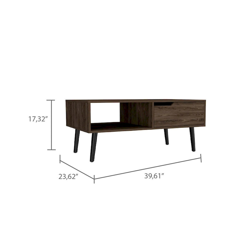 Mid-Century Modern Dark Walnut Coffee Table with Drawer and Open Shelf