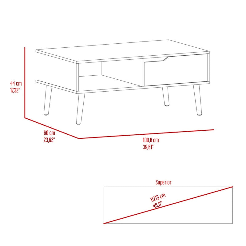 Mid-Century Modern Dark Walnut Coffee Table with Drawer and Open Shelf