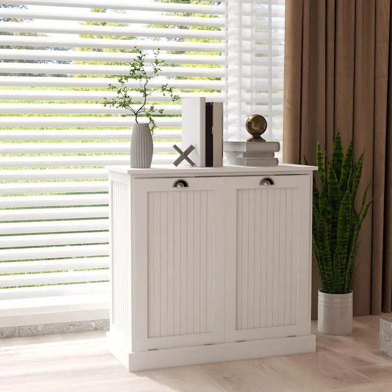 White Tilt-Out Laundry Sorter Cabinet with Two Removable Cloth Bag Compartments