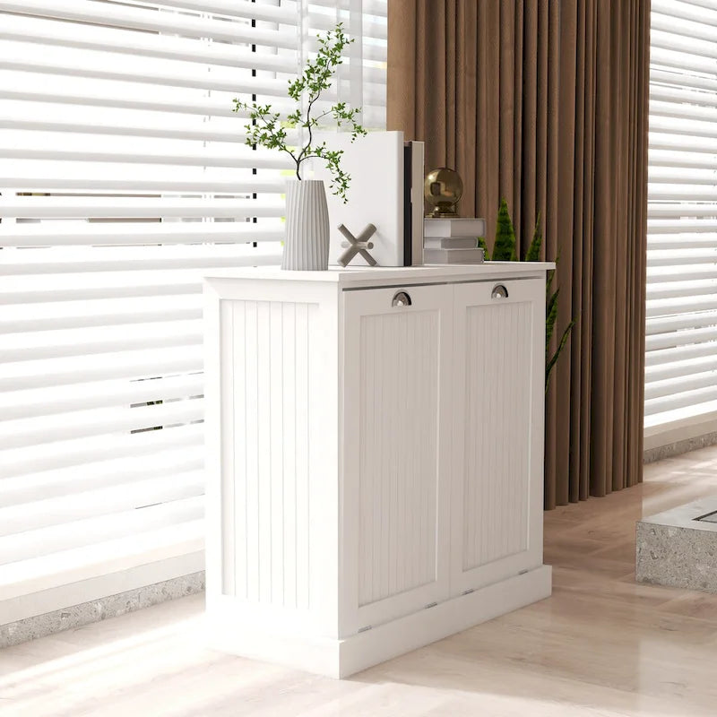 White Tilt-Out Laundry Sorter Cabinet with Two Removable Cloth Bag Compartments