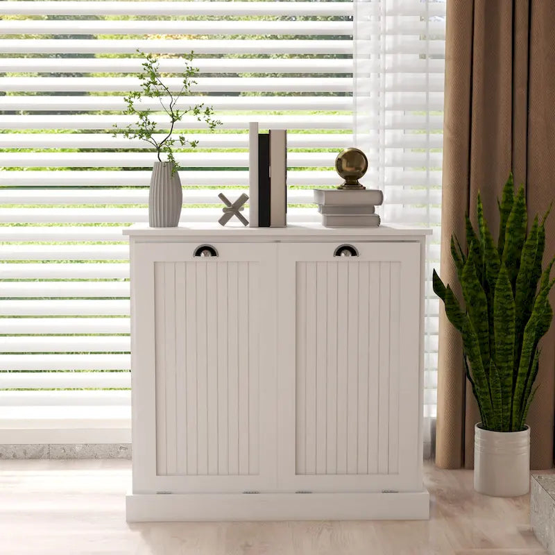 White Tilt-Out Laundry Sorter Cabinet with Two Removable Cloth Bag Compartments