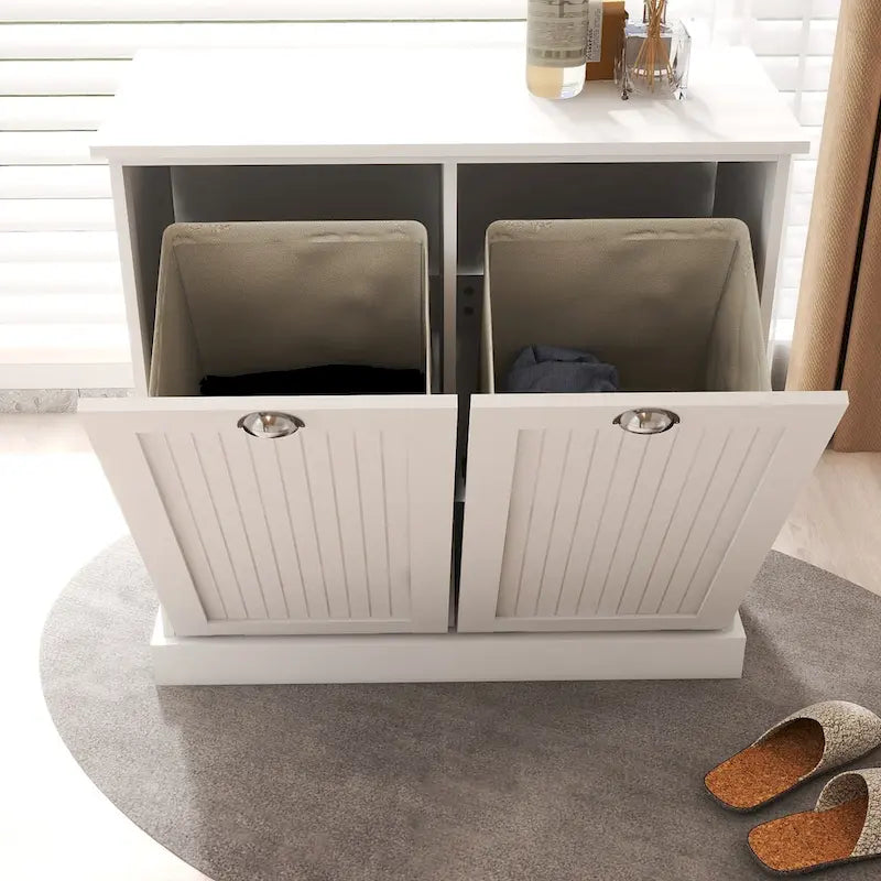 White Tilt-Out Laundry Sorter Cabinet with Two Removable Cloth Bag Compartments