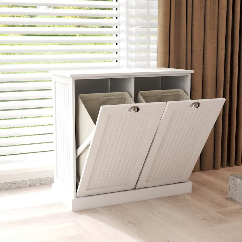 White Tilt-Out Laundry Sorter Cabinet with Two Removable Cloth Bag Compartments