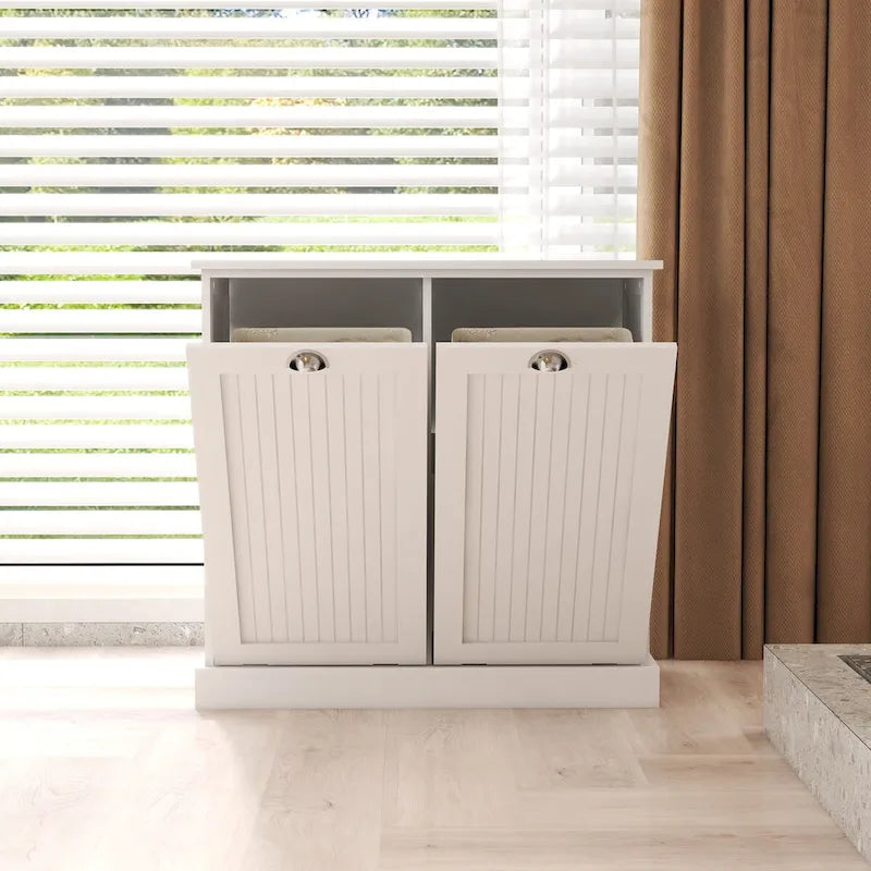 White Tilt-Out Laundry Sorter Cabinet with Two Removable Cloth Bag Compartments