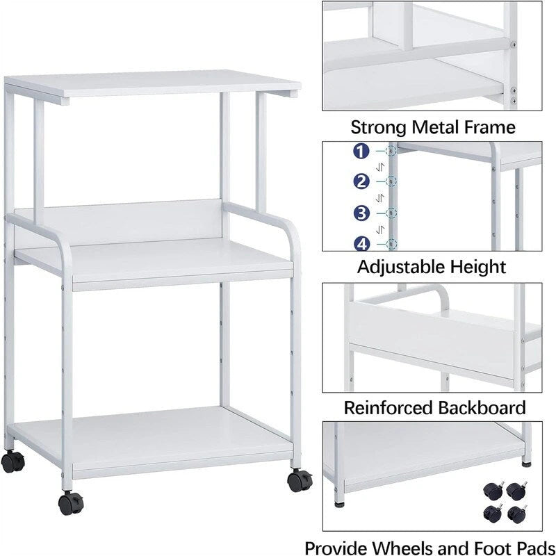 3-Tier Rolling Printer Stand with Adjustable Storage Shelves Metal Frame