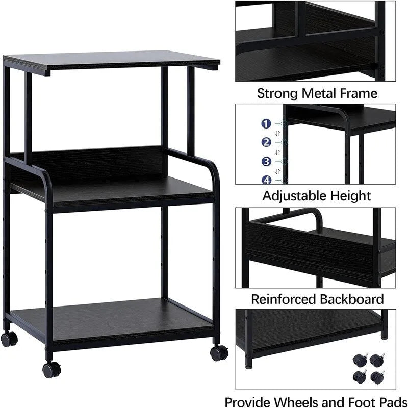 3-Tier Rolling Printer Stand with Adjustable Storage Shelves Metal Frame