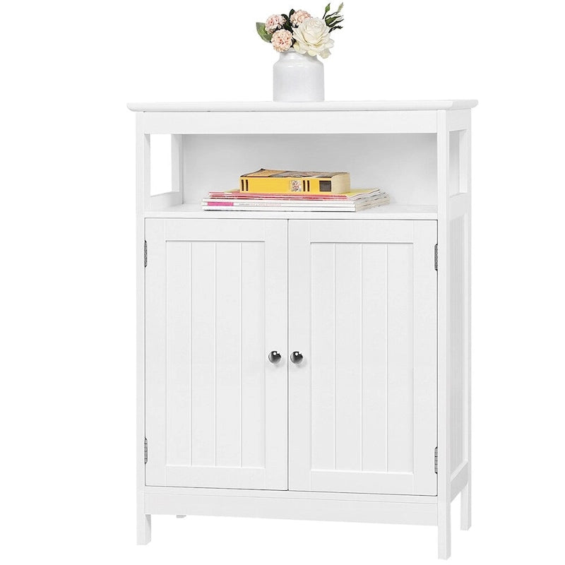 White Freestanding Bathroom Floor Storage Cabinet with Adjustable Shelf Open Compartment