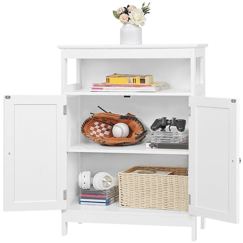 White Freestanding Bathroom Floor Storage Cabinet with Adjustable Shelf Open Compartment
