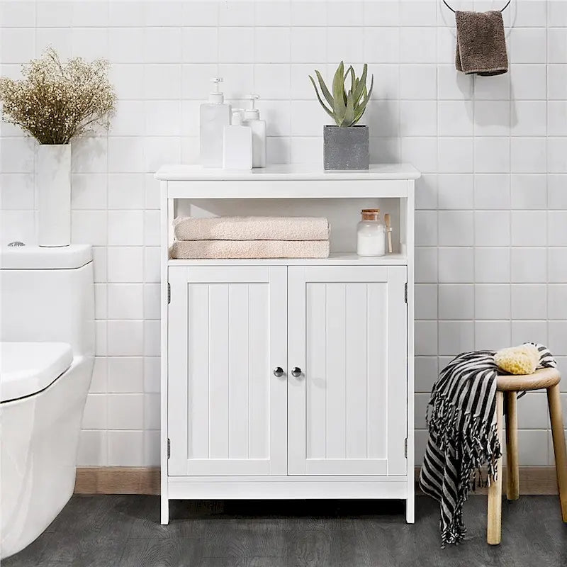 White Freestanding Bathroom Floor Storage Cabinet with Adjustable Shelf Open Compartment