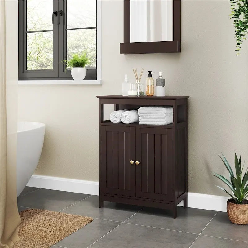 White Freestanding Bathroom Floor Storage Cabinet with Adjustable Shelf Open Compartment