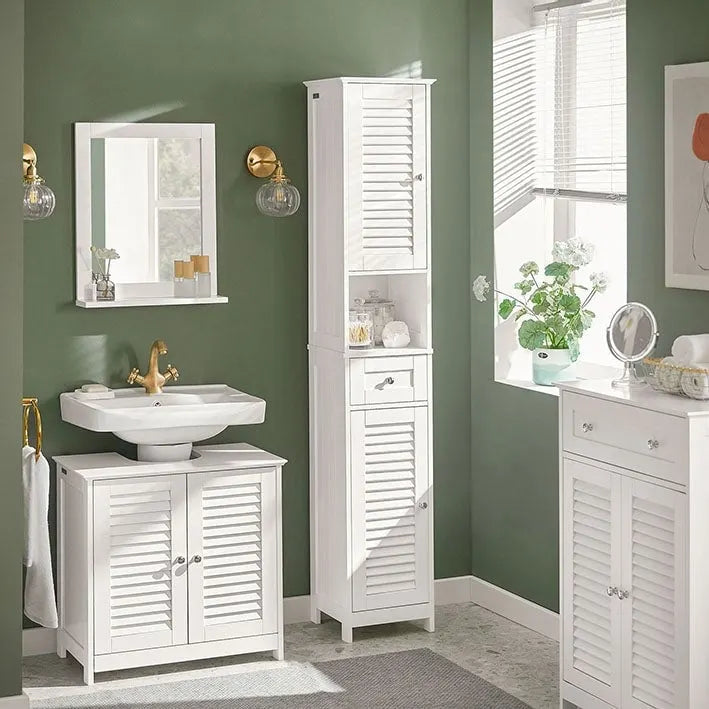 Tall Bathroom Storage Cabinet with Louvered Doors, Drawer and Open Shelf, White