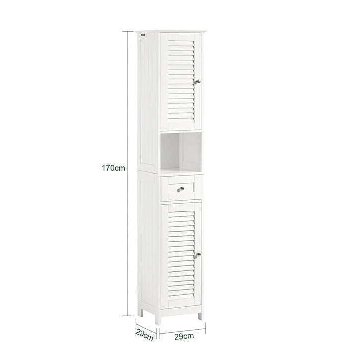 Tall Bathroom Storage Cabinet with Louvered Doors, Drawer and Open Shelf, White