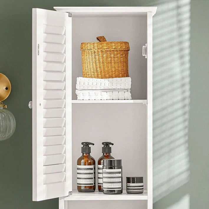 Tall Bathroom Storage Cabinet with Louvered Doors, Drawer and Open Shelf, White