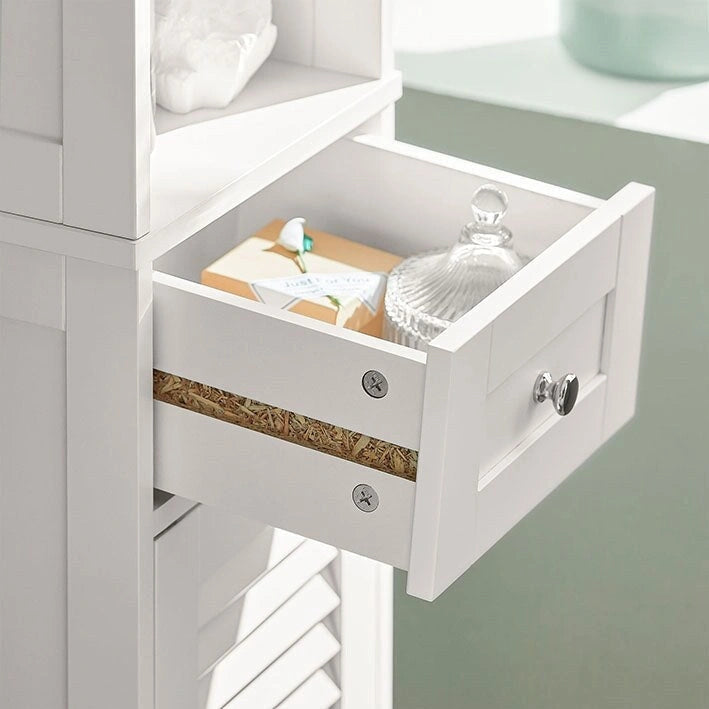 Tall Bathroom Storage Cabinet with Louvered Doors, Drawer and Open Shelf, White