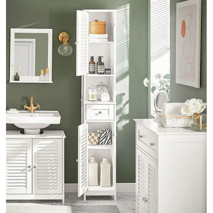 Tall Bathroom Storage Cabinet with Louvered Doors, Drawer and Open Shelf, White
