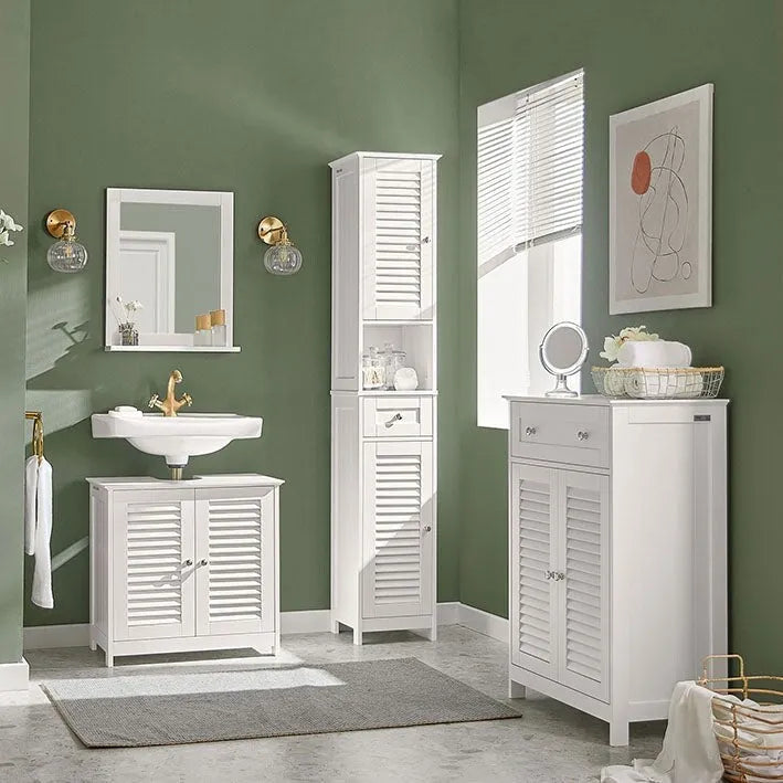 Tall Bathroom Storage Cabinet with Louvered Doors, Drawer and Open Shelf, White