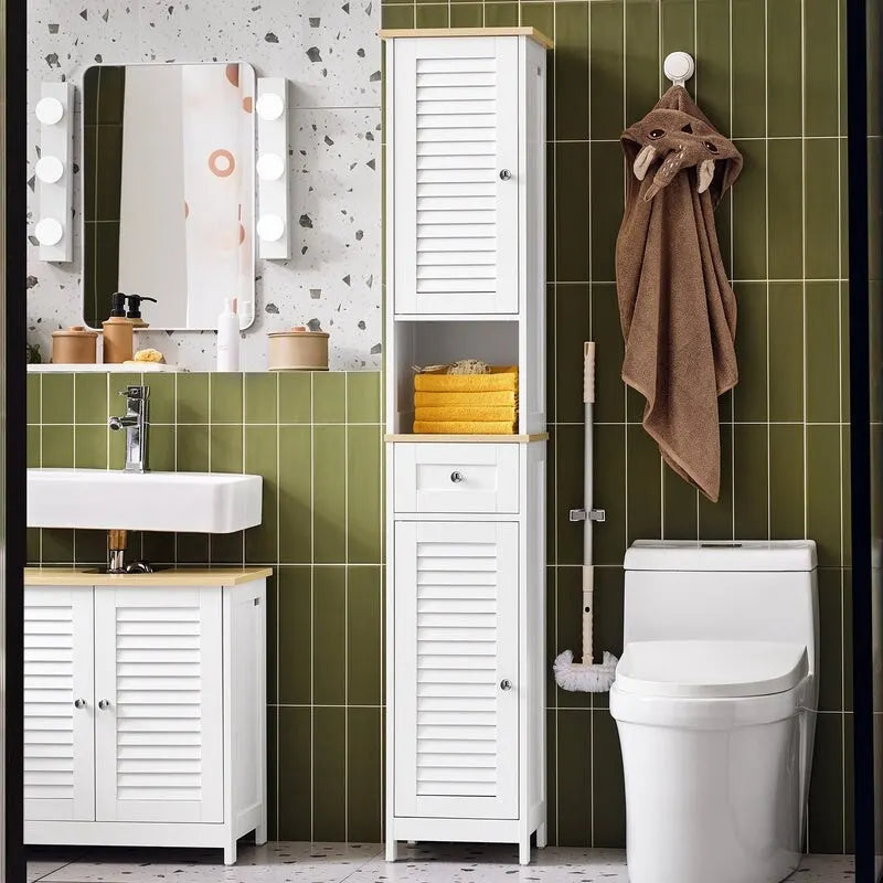 Tall Bathroom Storage Cabinet with Louvered Doors, Drawer and Open Shelf, White