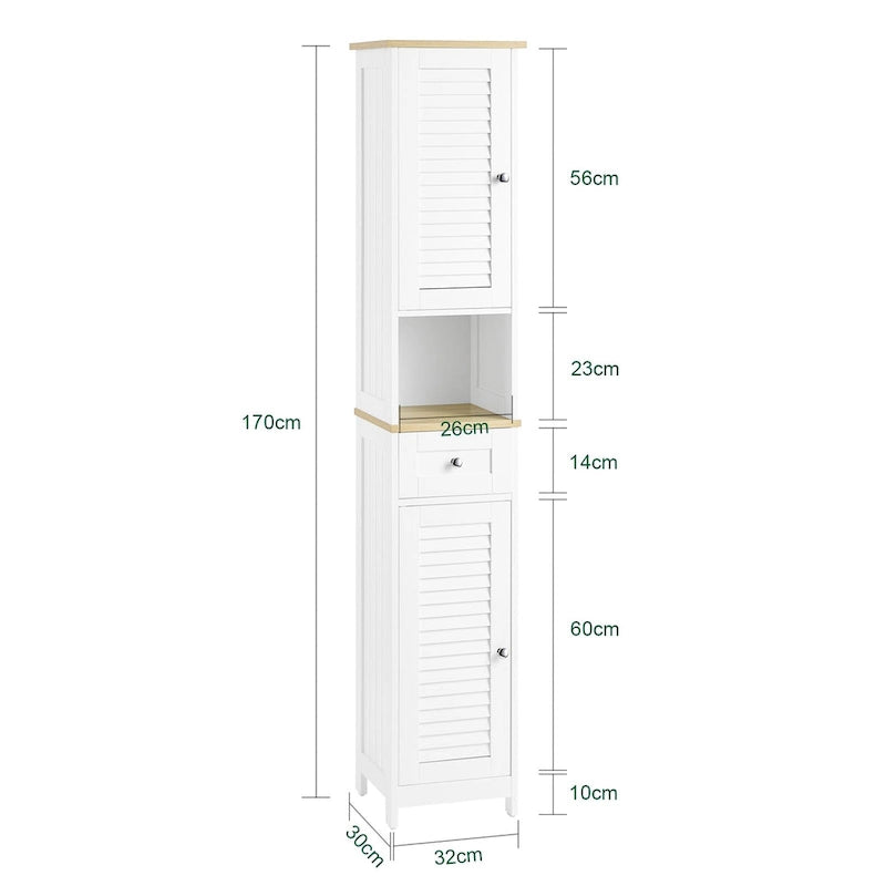Tall Bathroom Storage Cabinet with Louvered Doors, Drawer and Open Shelf, White