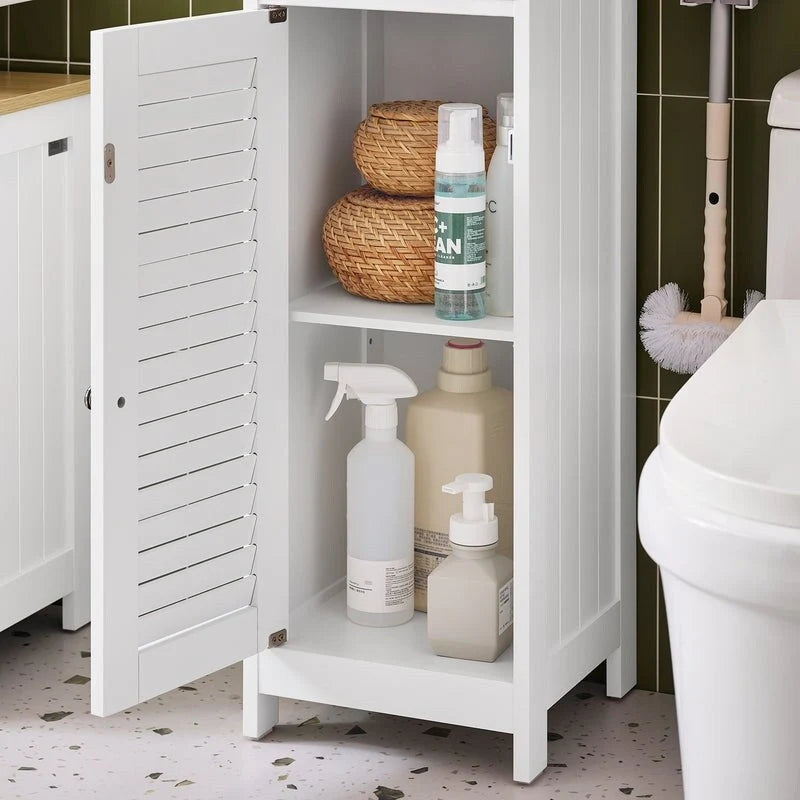 Tall Bathroom Storage Cabinet with Louvered Doors, Drawer and Open Shelf, White