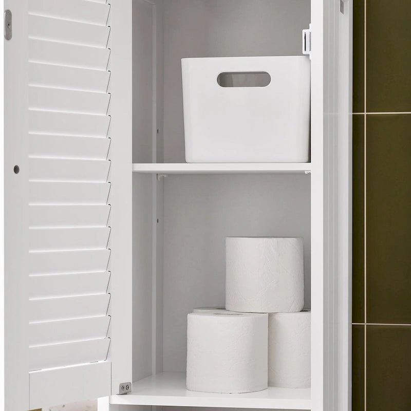 Tall Bathroom Storage Cabinet with Louvered Doors, Drawer and Open Shelf, White