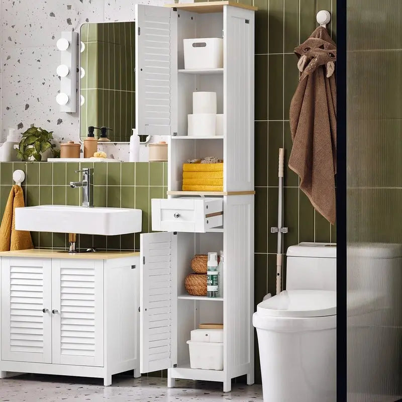 Tall Bathroom Storage Cabinet with Louvered Doors, Drawer and Open Shelf, White