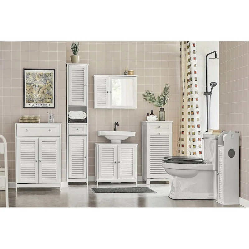 Tall Bathroom Storage Cabinet with Louvered Doors, Drawer and Open Shelf, White