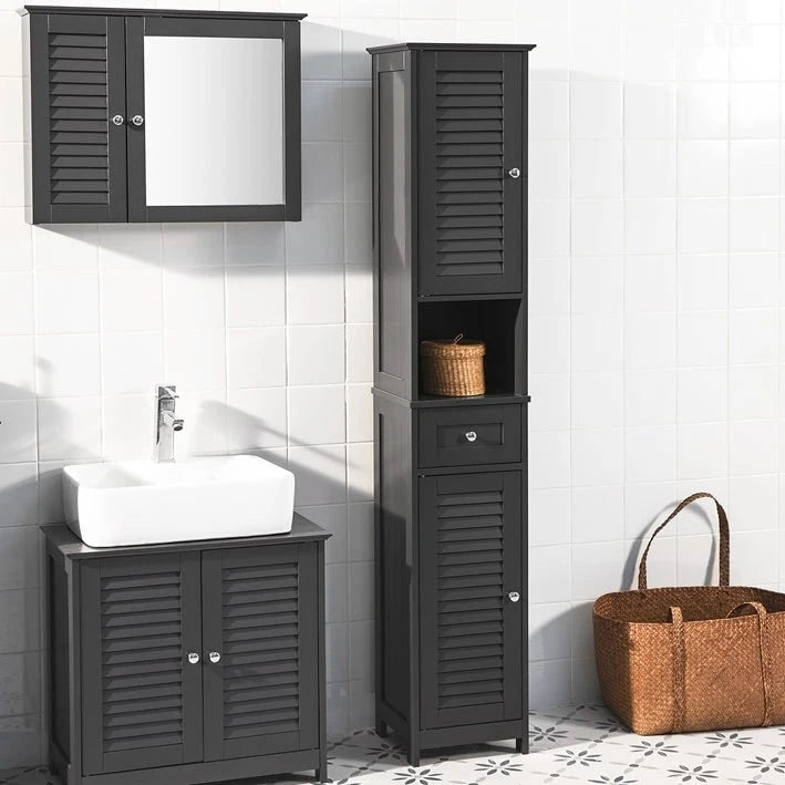 Tall Bathroom Storage Cabinet with Louvered Doors, Drawer and Open Shelf, White