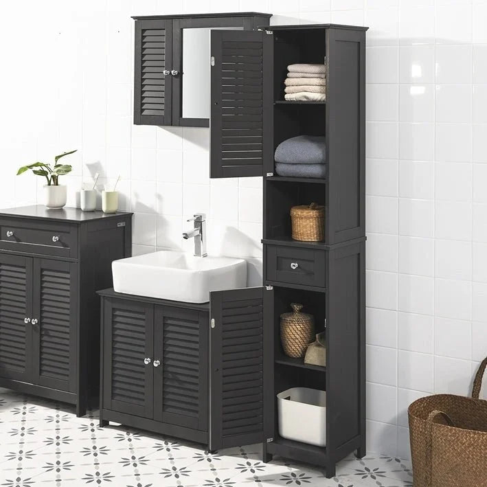 Tall Bathroom Storage Cabinet with Louvered Doors, Drawer and Open Shelf, White