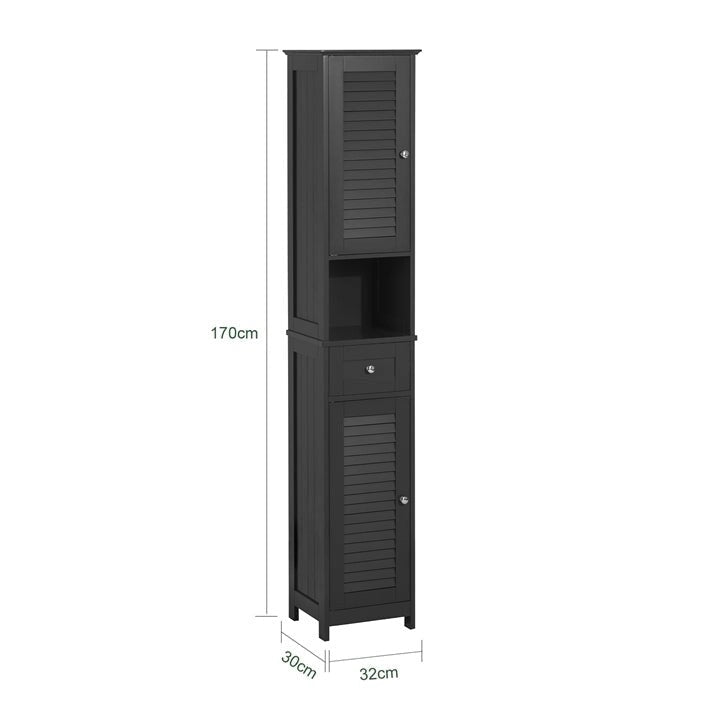 Tall Bathroom Storage Cabinet with Louvered Doors, Drawer and Open Shelf, White