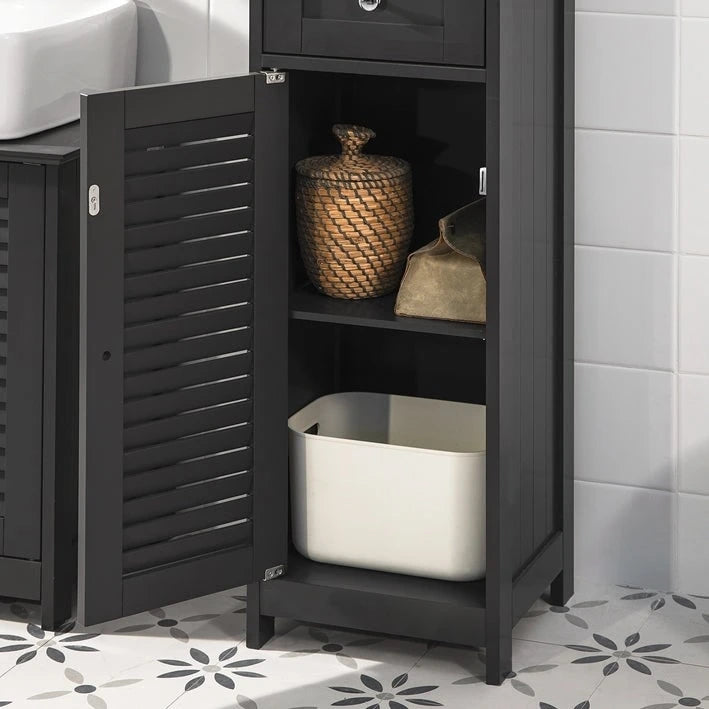 Tall Bathroom Storage Cabinet with Louvered Doors, Drawer and Open Shelf, White