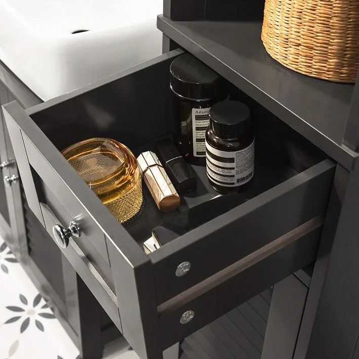 Tall Bathroom Storage Cabinet with Louvered Doors, Drawer and Open Shelf, White