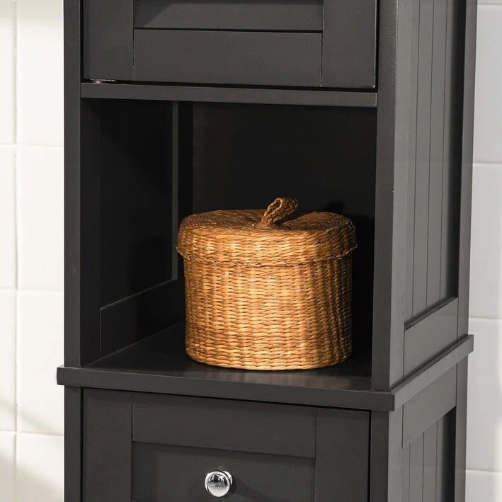 Tall Bathroom Storage Cabinet with Louvered Doors, Drawer and Open Shelf, White