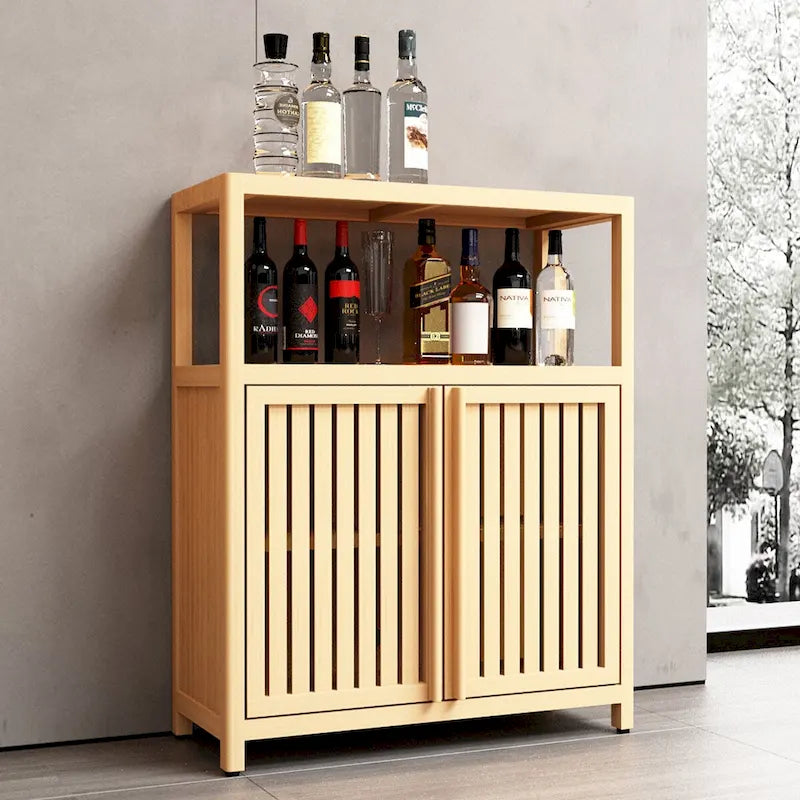 Natural Wood Double Door Storage Cabinet with Open Shelf Natural Finish