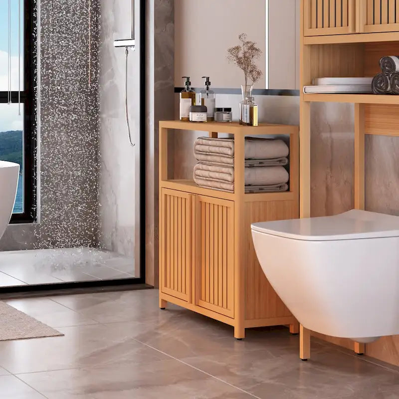 Natural Wood Double Door Storage Cabinet with Open Shelf Natural Finish