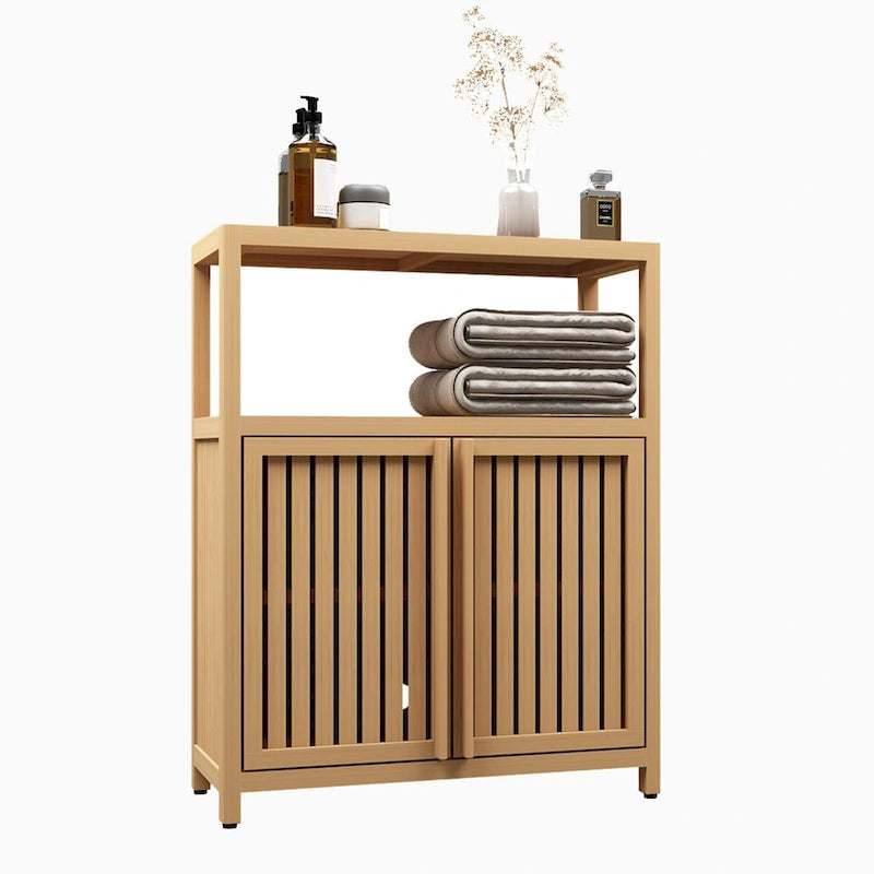 Natural Wood Double Door Storage Cabinet with Open Shelf Natural Finish