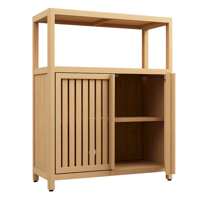 Natural Wood Double Door Storage Cabinet with Open Shelf Natural Finish